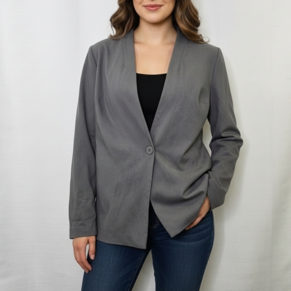 LOGO by Lori Goldstein AnyWEAR One Button Blazer Large Stretch Gray Smoked Pearl